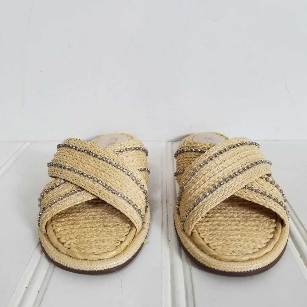 Schutz Rhinestone Raffia Sandals Womens Carlotta Crossover Flat Summer Shoes 6 - Picture 2 of 15